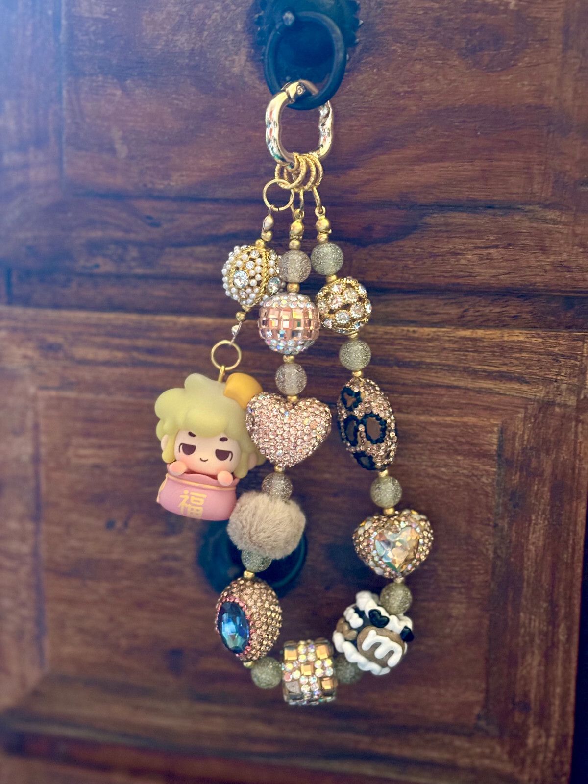 Handmade Pink & Gold Keyring / Bag accessory Sparkly Jewels Glitter Cartoon Doll