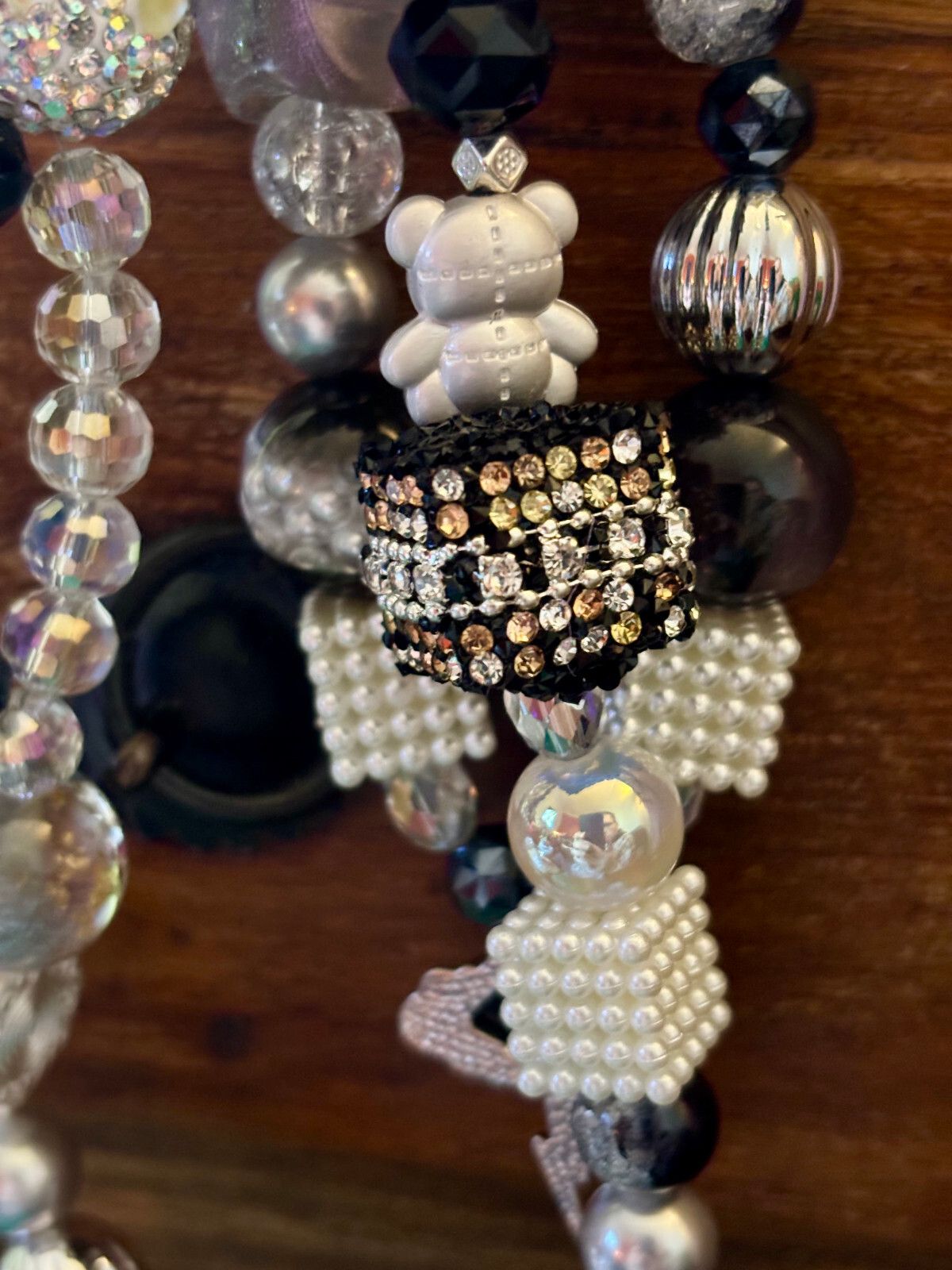 Handmade Black & White Keyring / Bag accessory Cloudy Teddies Glitter