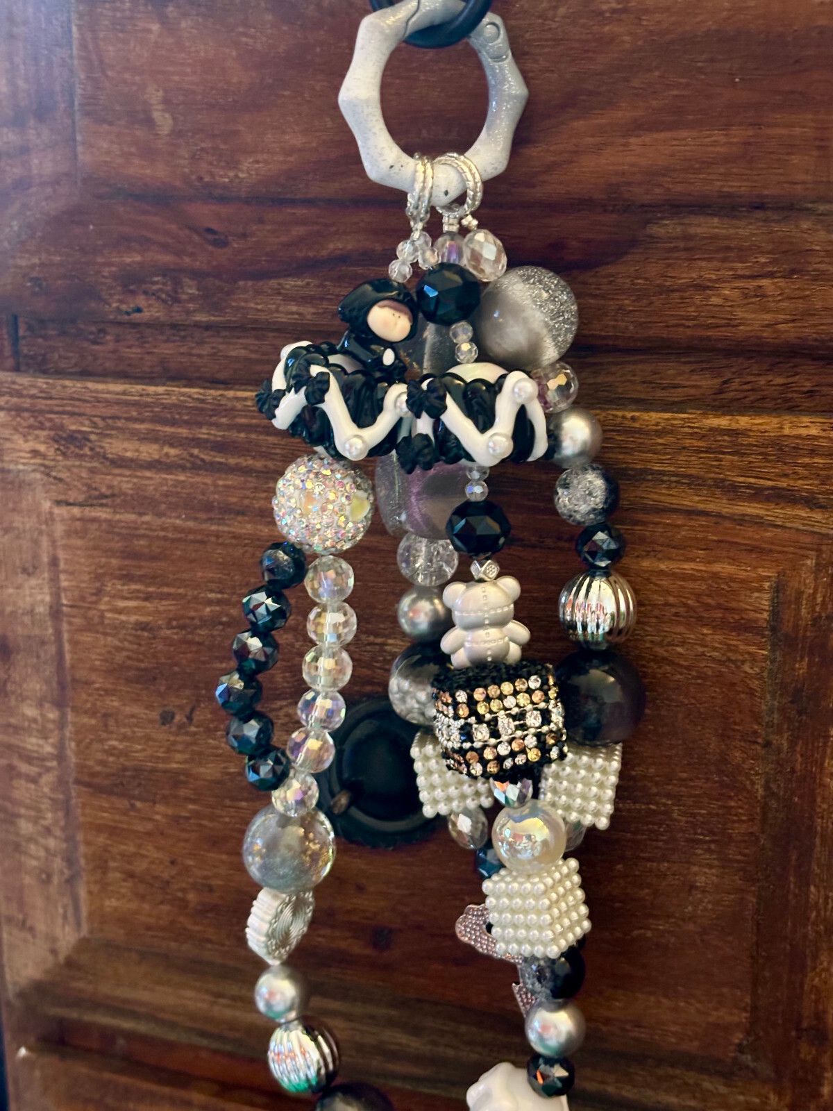 Handmade Black & White Keyring / Bag accessory Cloudy Teddies Glitter