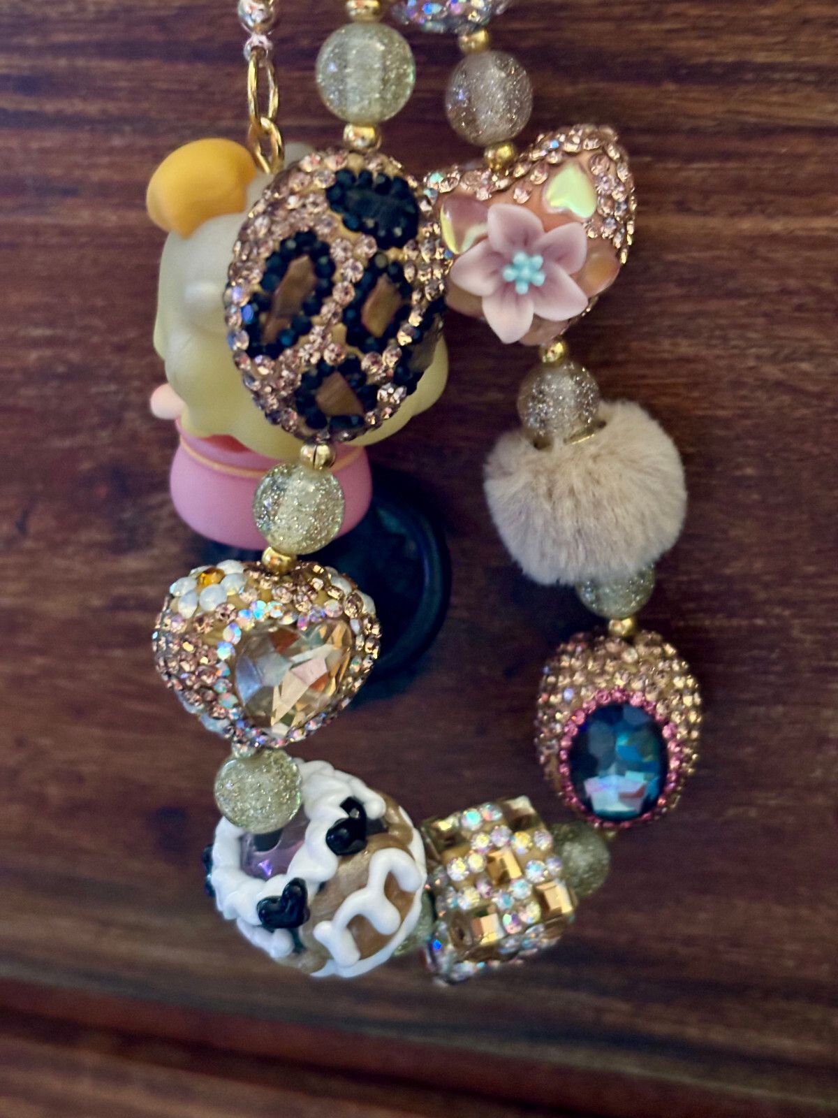 Handmade Pink & Gold Keyring / Bag accessory Sparkly Jewels Glitter Cartoon Doll