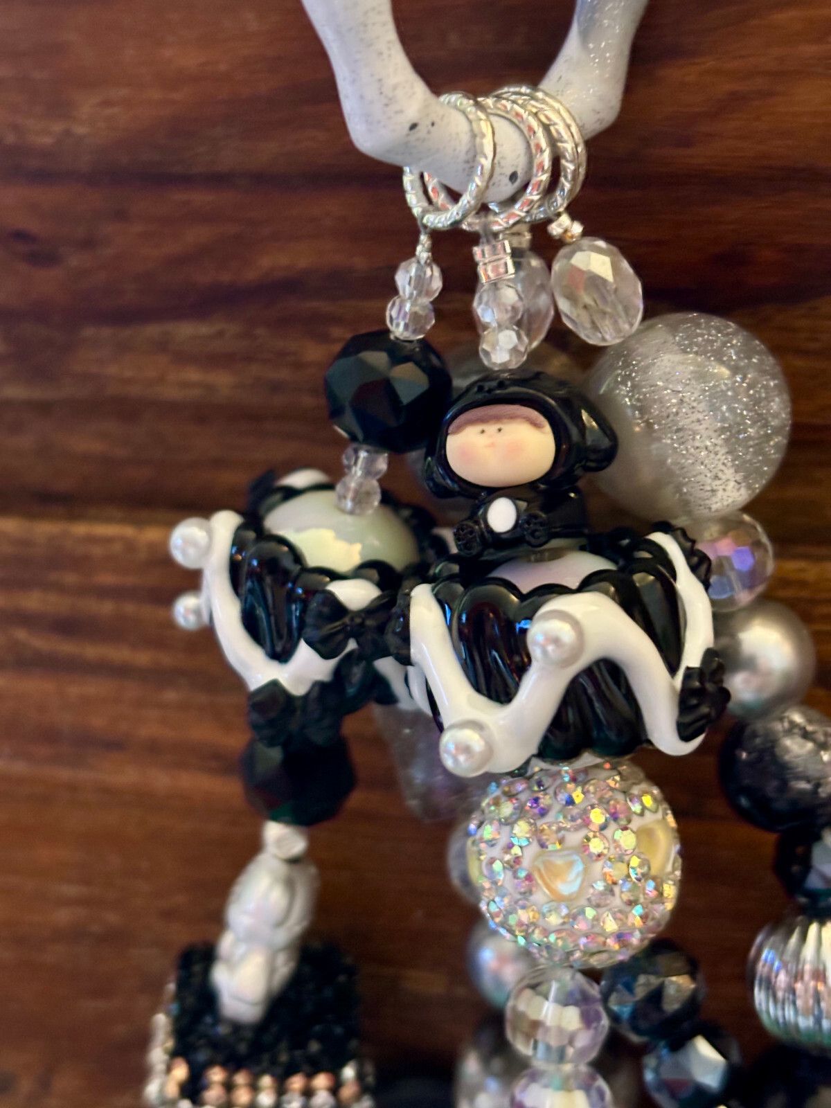 Handmade Black & White Keyring / Bag accessory Cloudy Teddies Glitter
