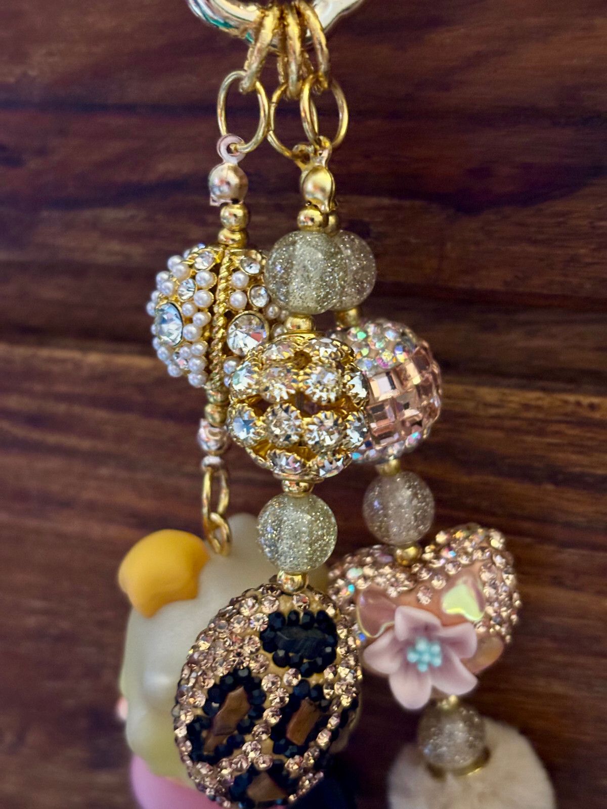 Handmade Pink & Gold Keyring / Bag accessory Sparkly Jewels Glitter Cartoon Doll