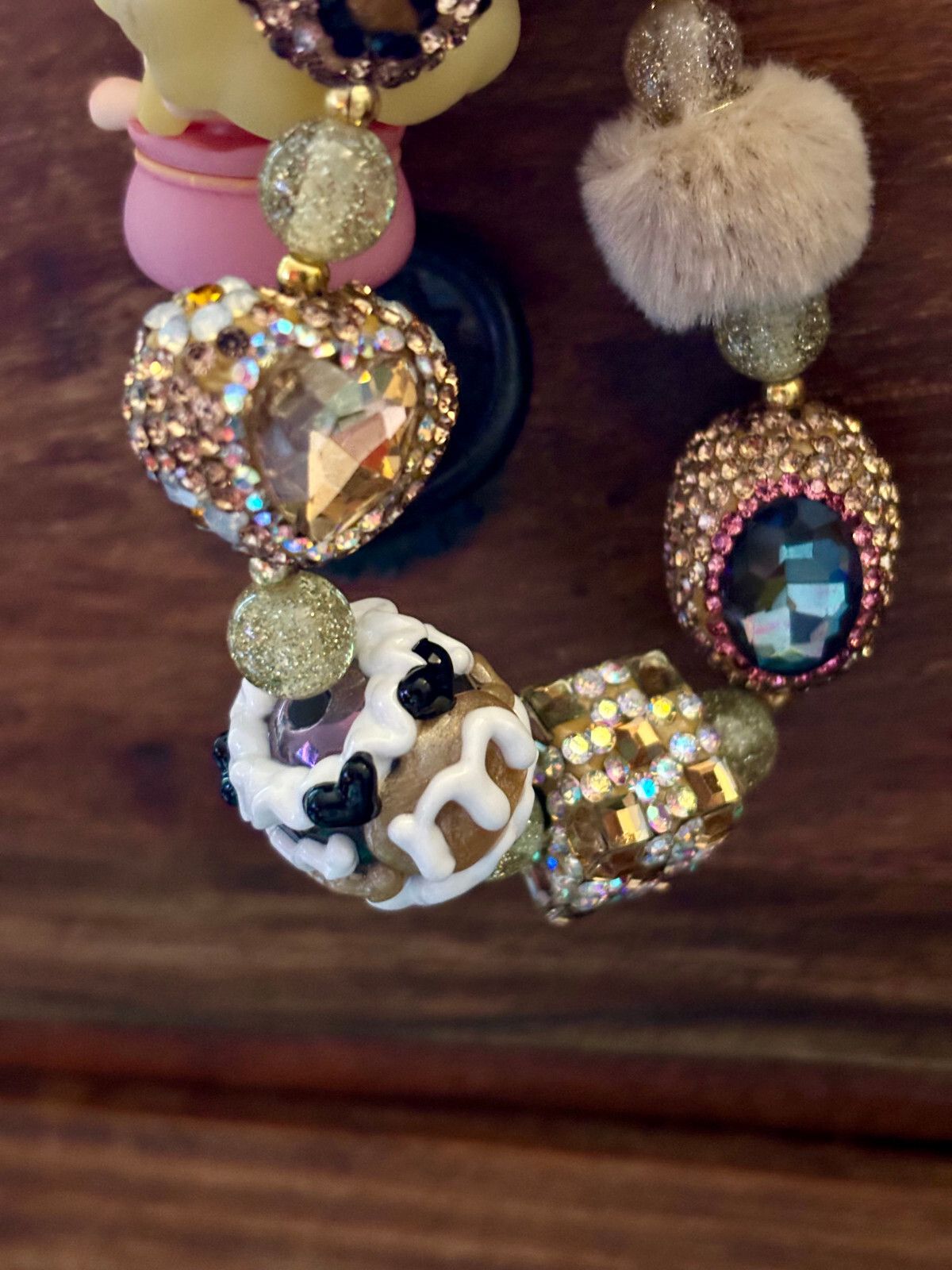 Handmade Pink & Gold Keyring / Bag accessory Sparkly Jewels Glitter Cartoon Doll